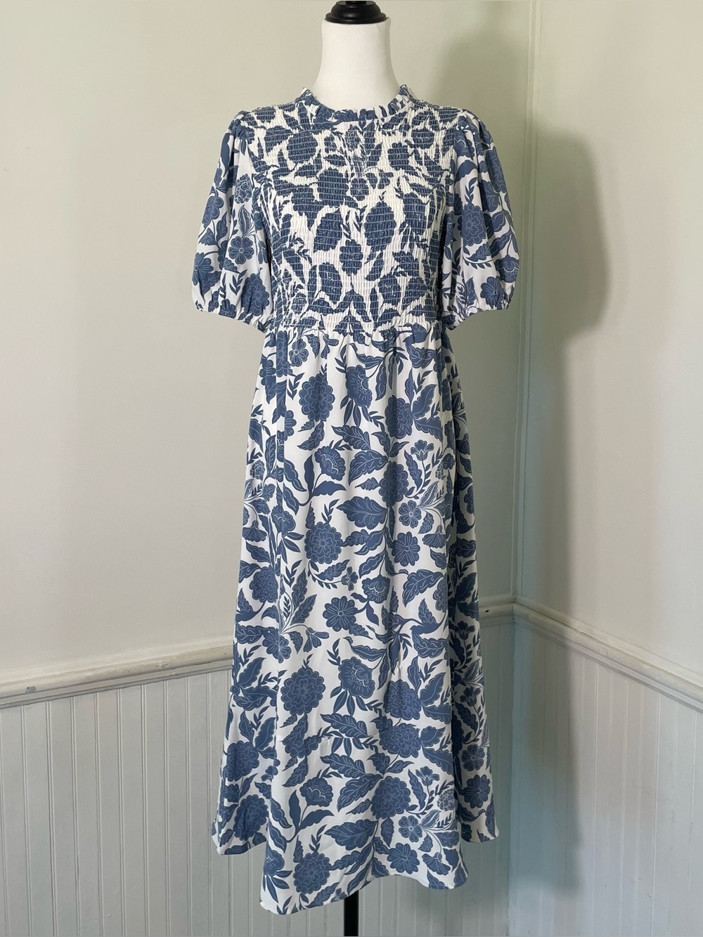 Market & Spruce - White Blue Floral Gloria Tier Hem Puff Sleeve Maxi Dress